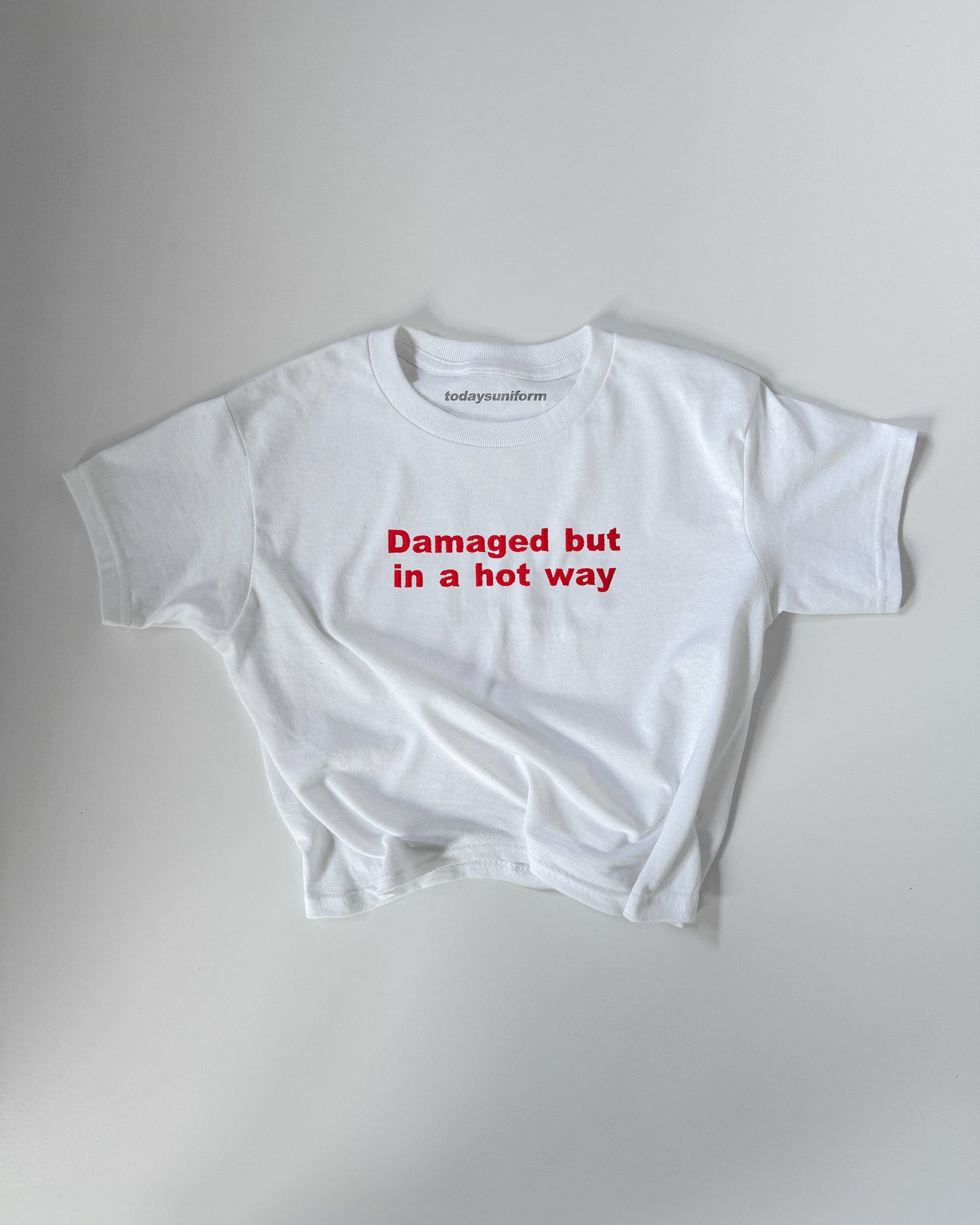 Embroidered 'DAMAGED BUT IN A HOT WAY' 90s Y2K T-Shirt