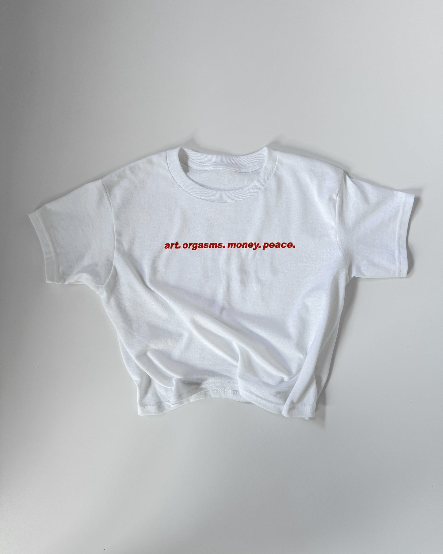 Embroidered 'ART. ORGASMS. MONEY. PEACE.' 90s Y2K T-Shirt