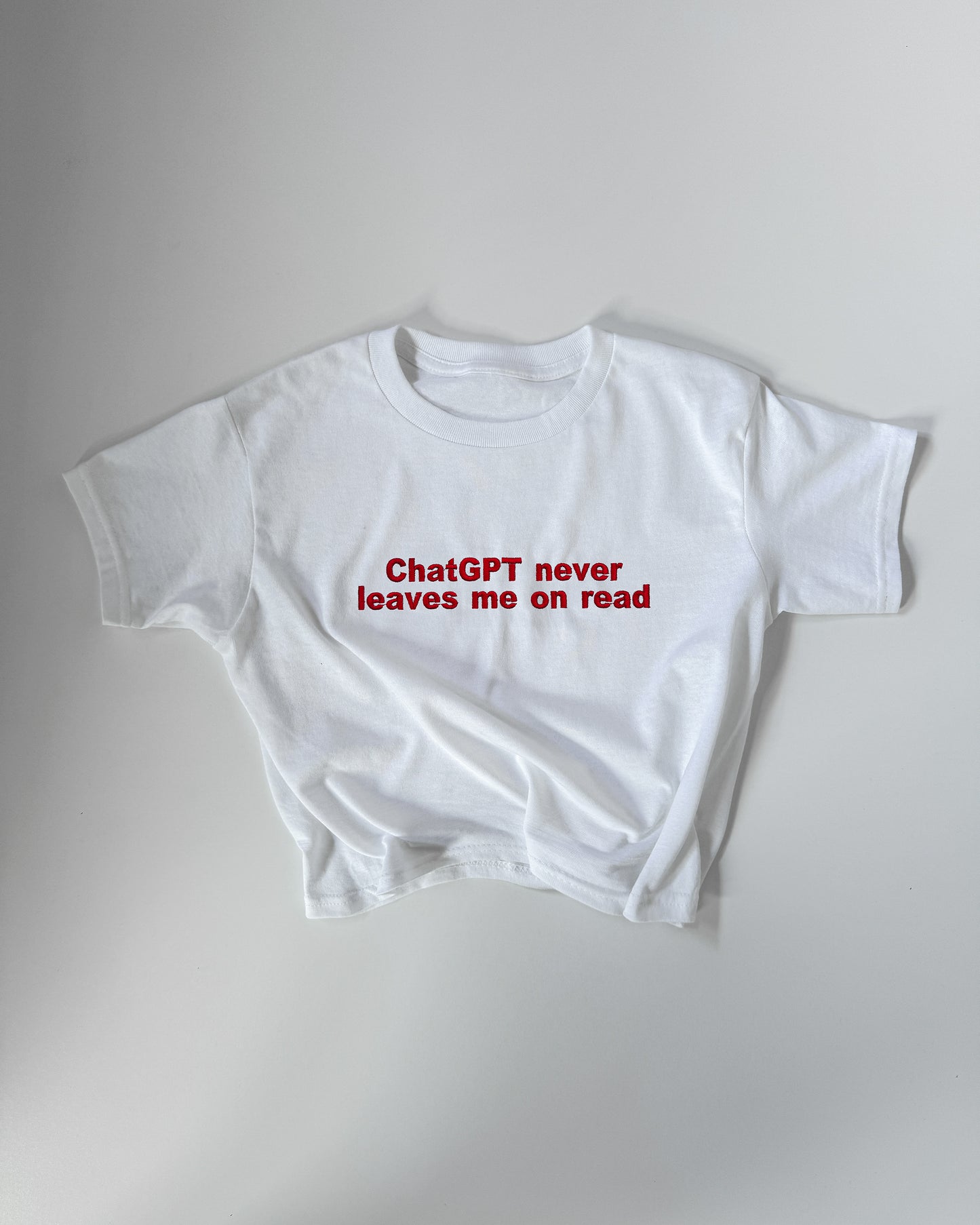 Embroidered 'ChatGPT Never Leaves Me On Read' 90s Y2K T-Shirt