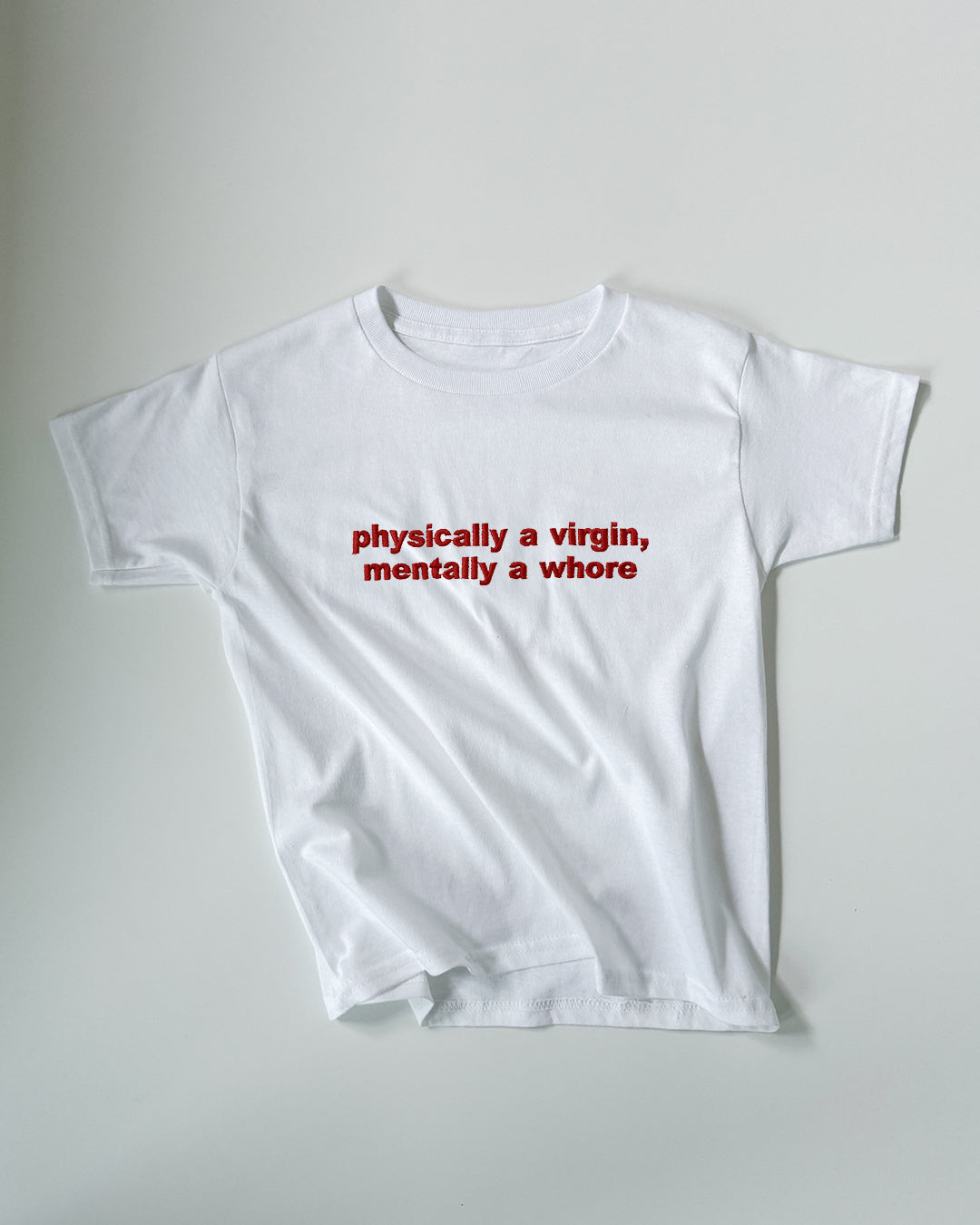 Embroidered 'Physically A Virgin, Mentally A Whore' 90s Y2K T-Shirt