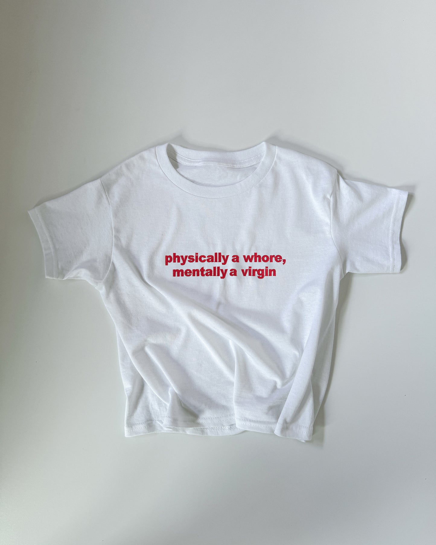 Embroidered 'Physically A Wh*re, Mentally A Virgin' 90s Y2K T-Shirt