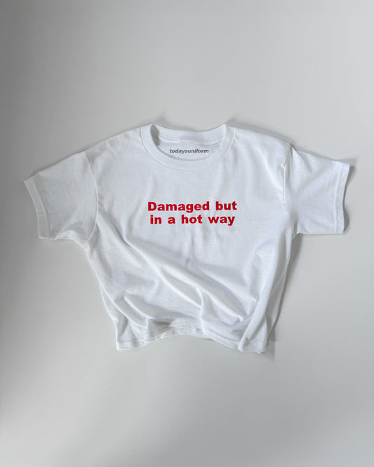 Embroidered 'DAMAGED BUT IN A HOT WAY' 90s Y2K T-Shirt