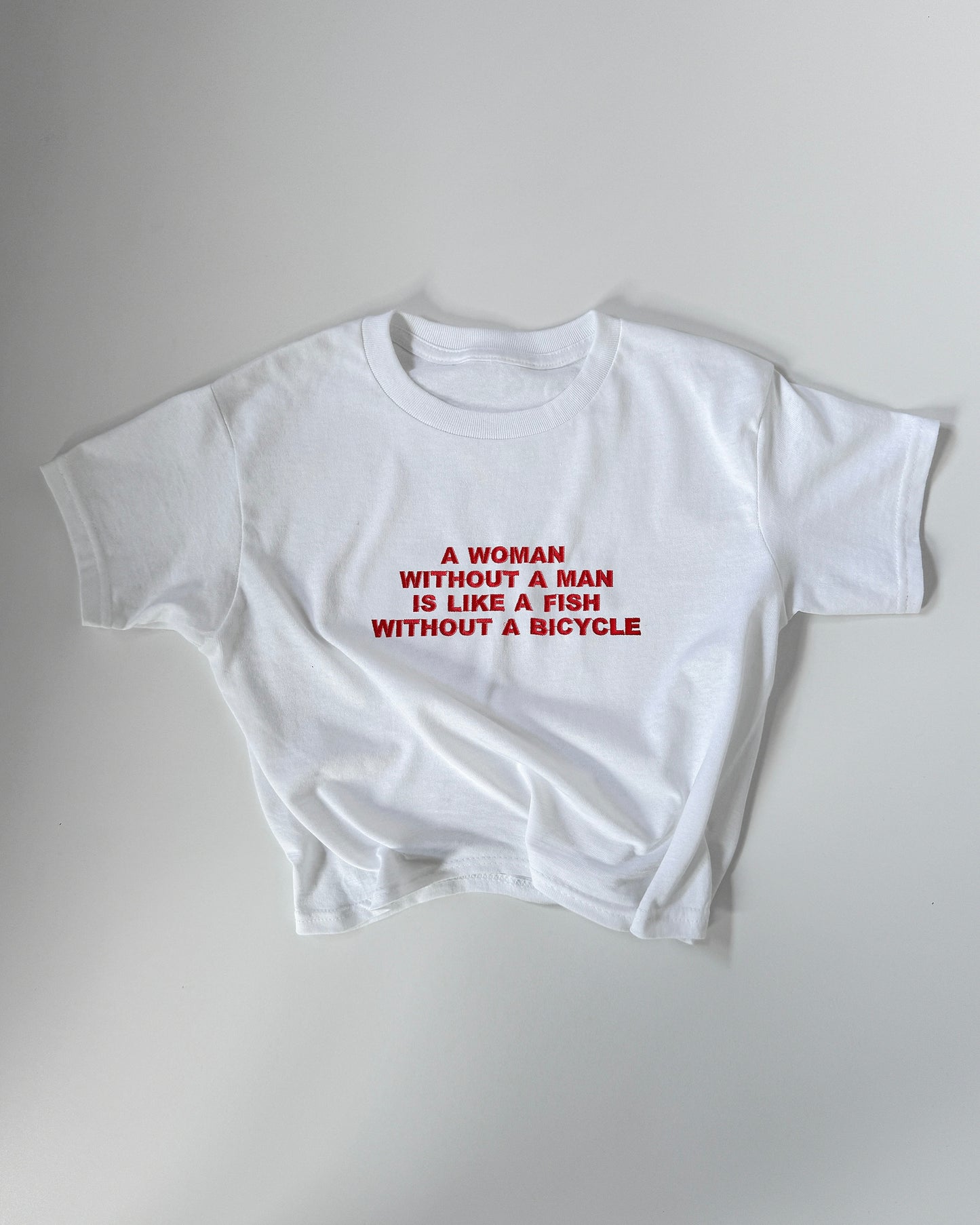 Embroidered 'A Woman Without A Man Is Like A Fish Without A Bicycle' 90s Y2K T-Shirt