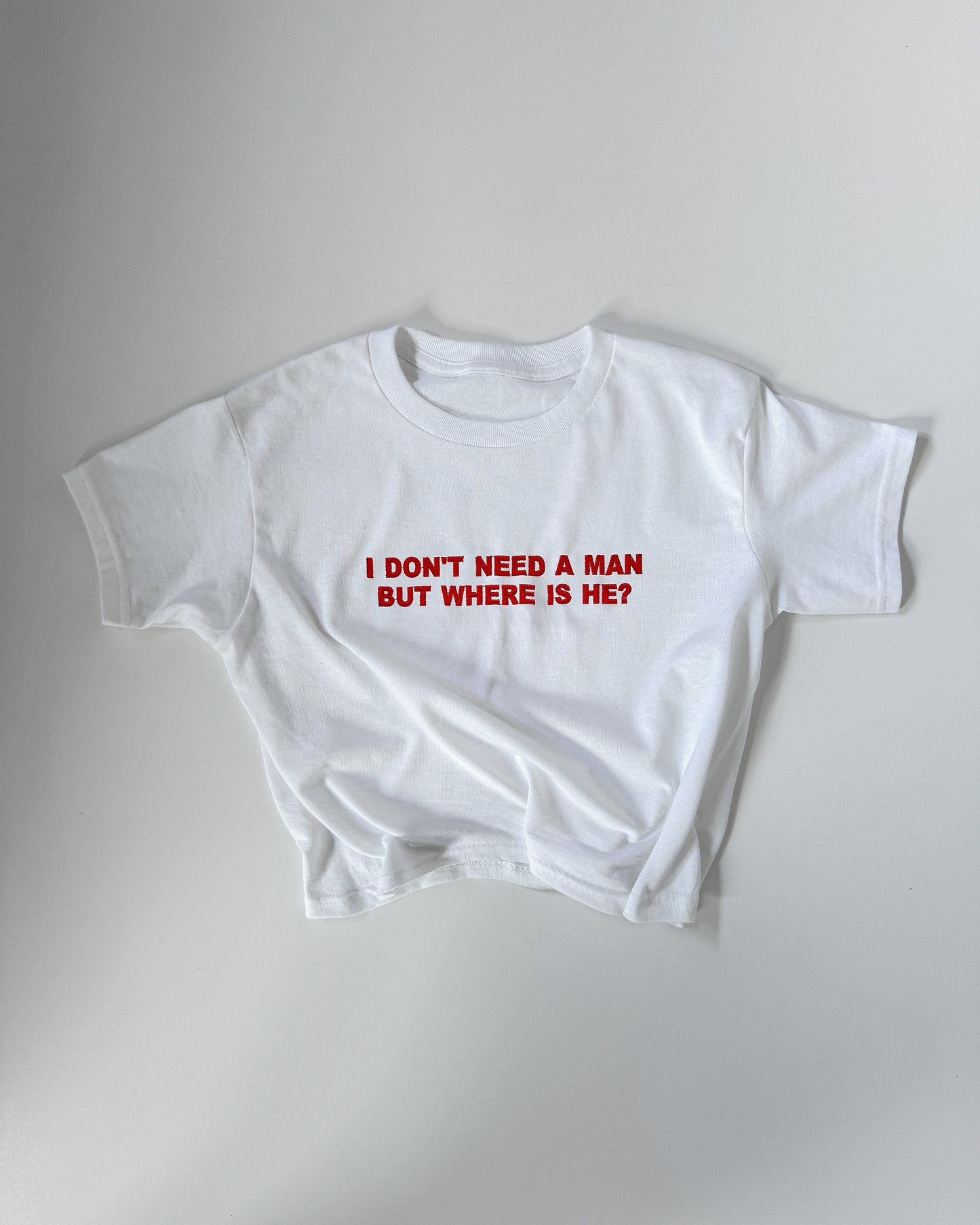 Embroidered 'I Don’t Need A Man But Where Is He?' 90s Y2K T-Shirt