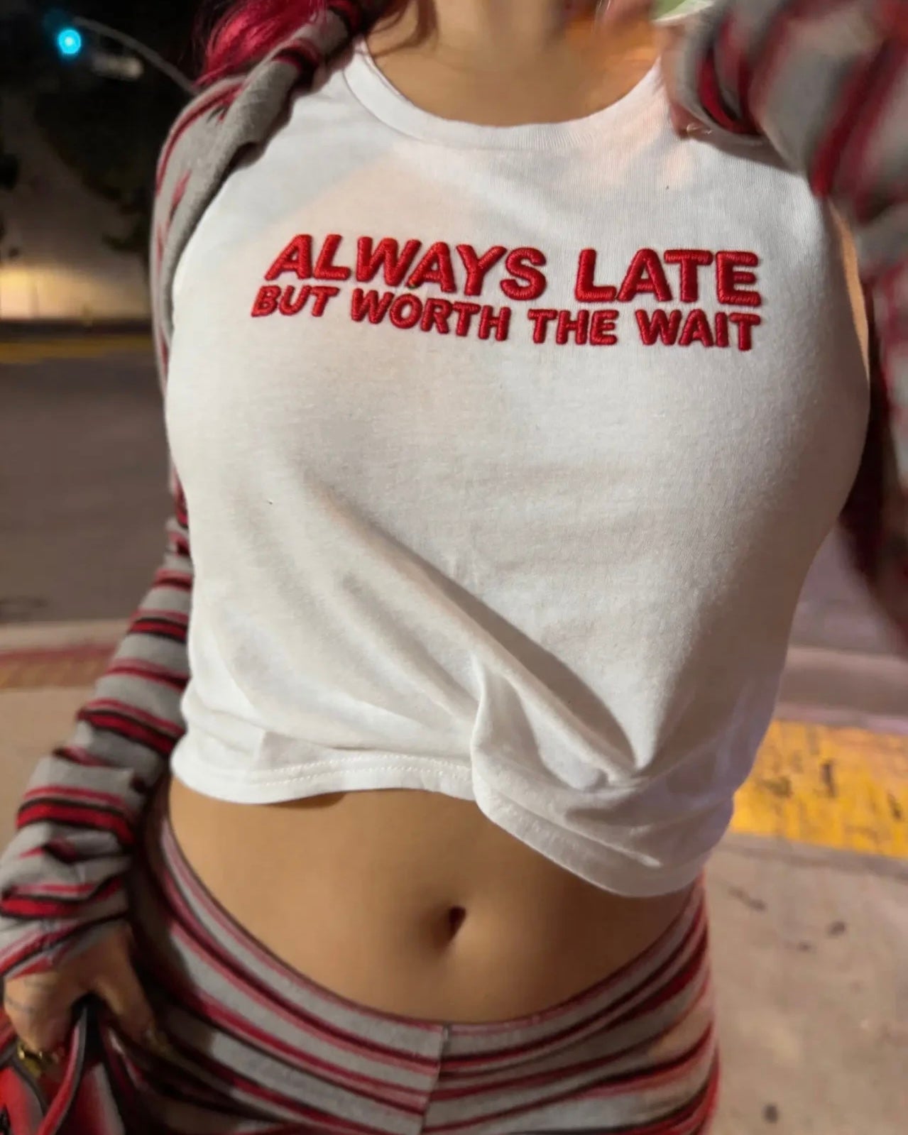 Embroidered 'Always Late But Worth The Wait' 90s Y2K T-Shirt