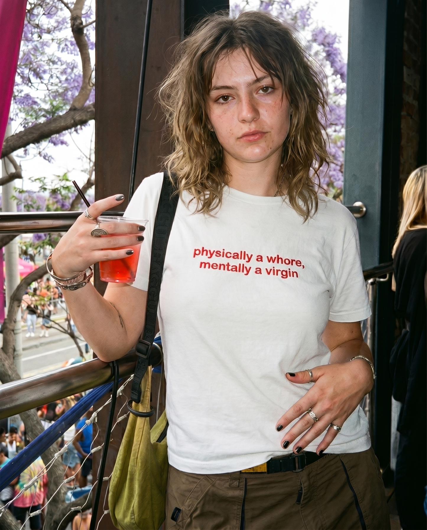 Embroidered 'Physically A Virgin, Mentally A Whore' 90s Y2K T-Shirt