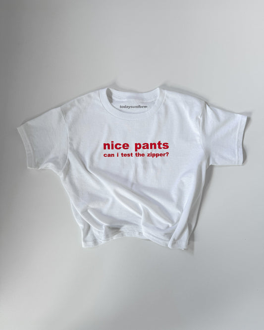 Embroidered 'NICE PANTS CAN I TEST THE ZIPPER?' 90s Y2K T-Shirt