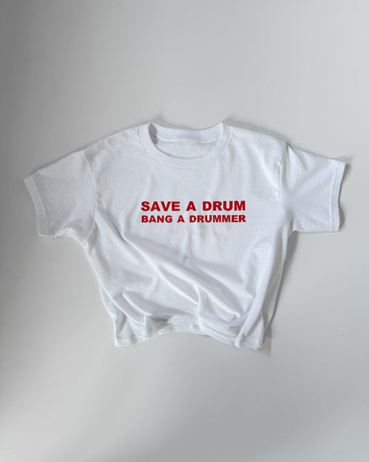 Embroidered 'SAVE A DRUM BANG A DRUMMER' 90s Y2K T-Shirt