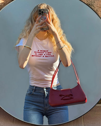 Embroidered 'A Woman Without A Man Is Like A Fish Without A Bicycle' 90s Y2K T-Shirt
